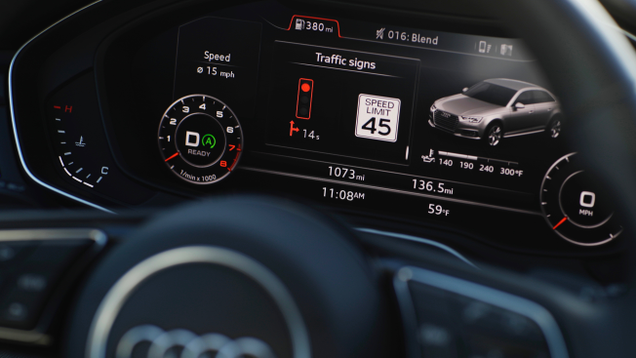 The dashboard of an Audi A4 is seen during a demonstration of Audi’s vehicle-to-infrastructure technology (AP)